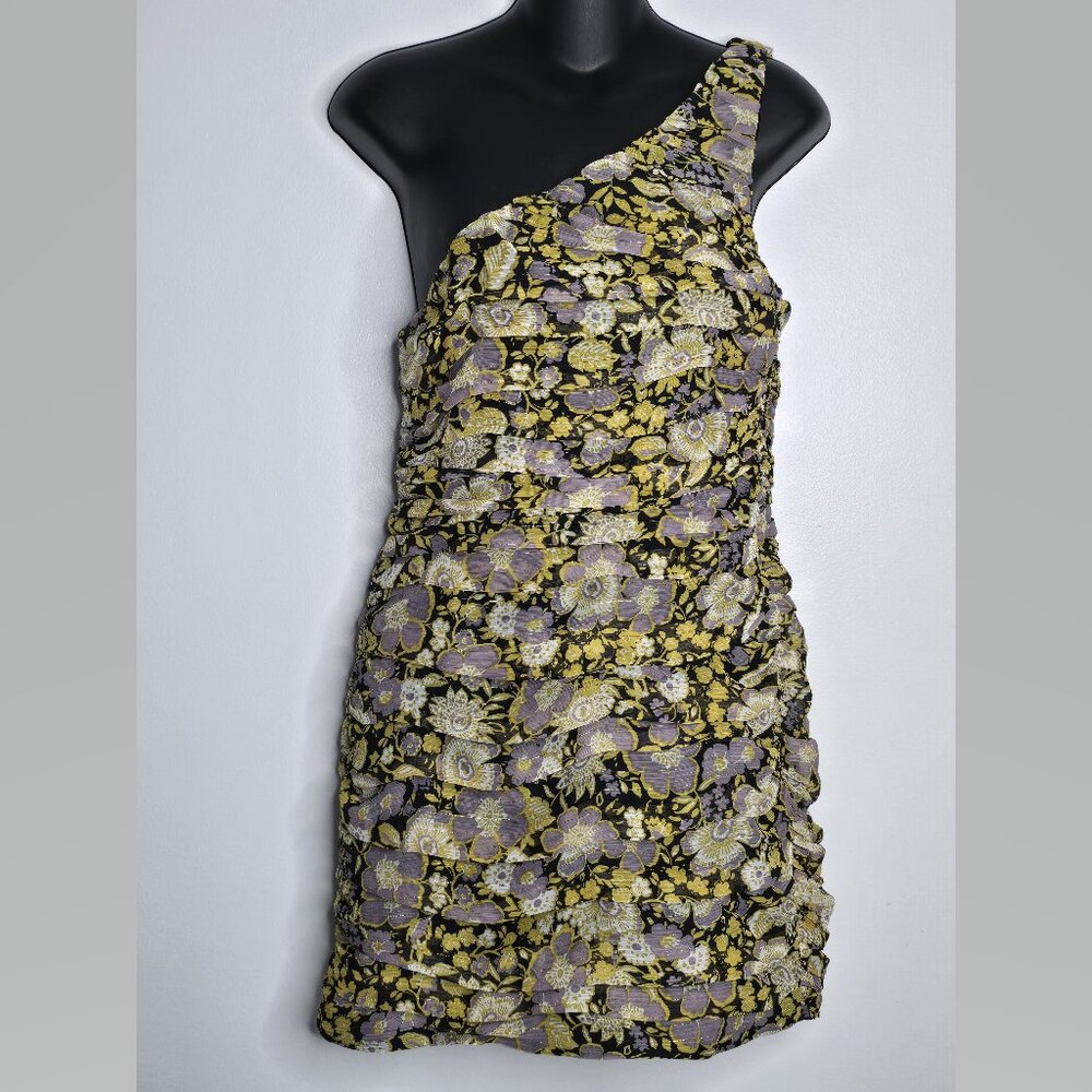 ZARA Womens Large One Shoulder Shimmer Floral Ruched Mini Bodycon Dress Gold NEW